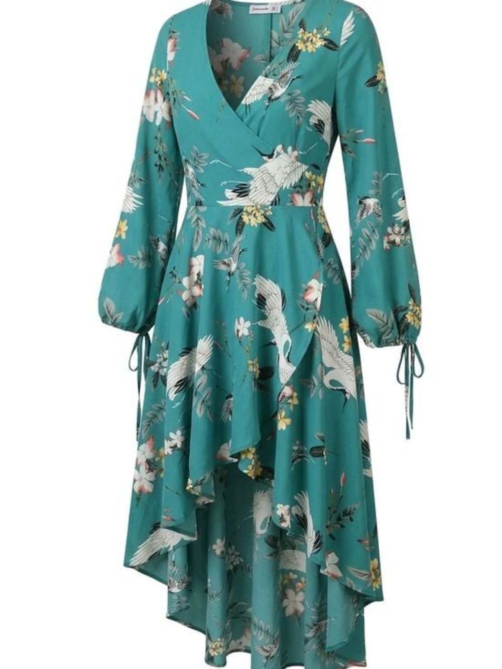 Floral Crane High-Low Wrap Dress in Teal